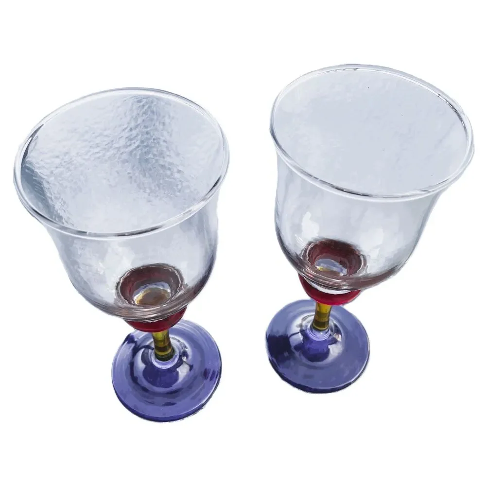 Vintage Water Goblet By BROQUE Clear Bowl, Blue & Yellow Stem, Red Base ENGLAND